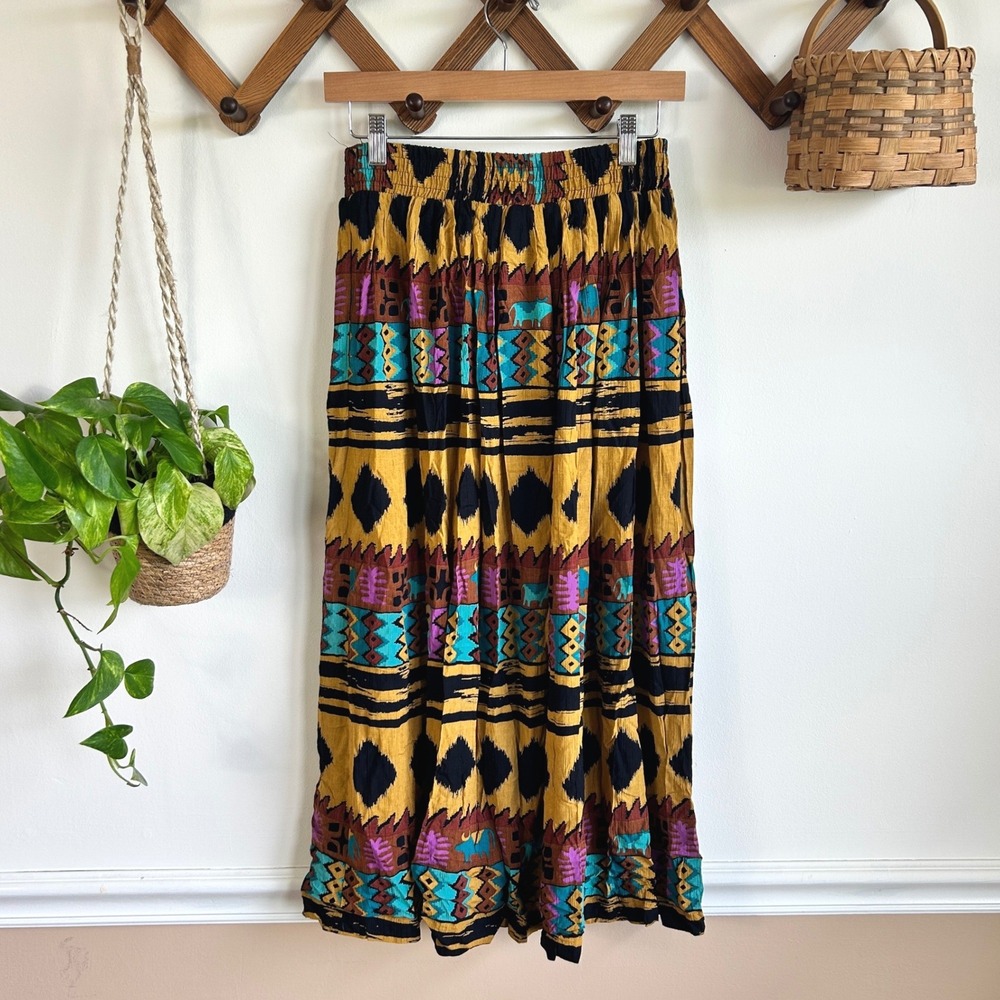 Vintage AKF New York Southwestern Ikat Geometric Rayon Maxi Skirt Mustard Boho